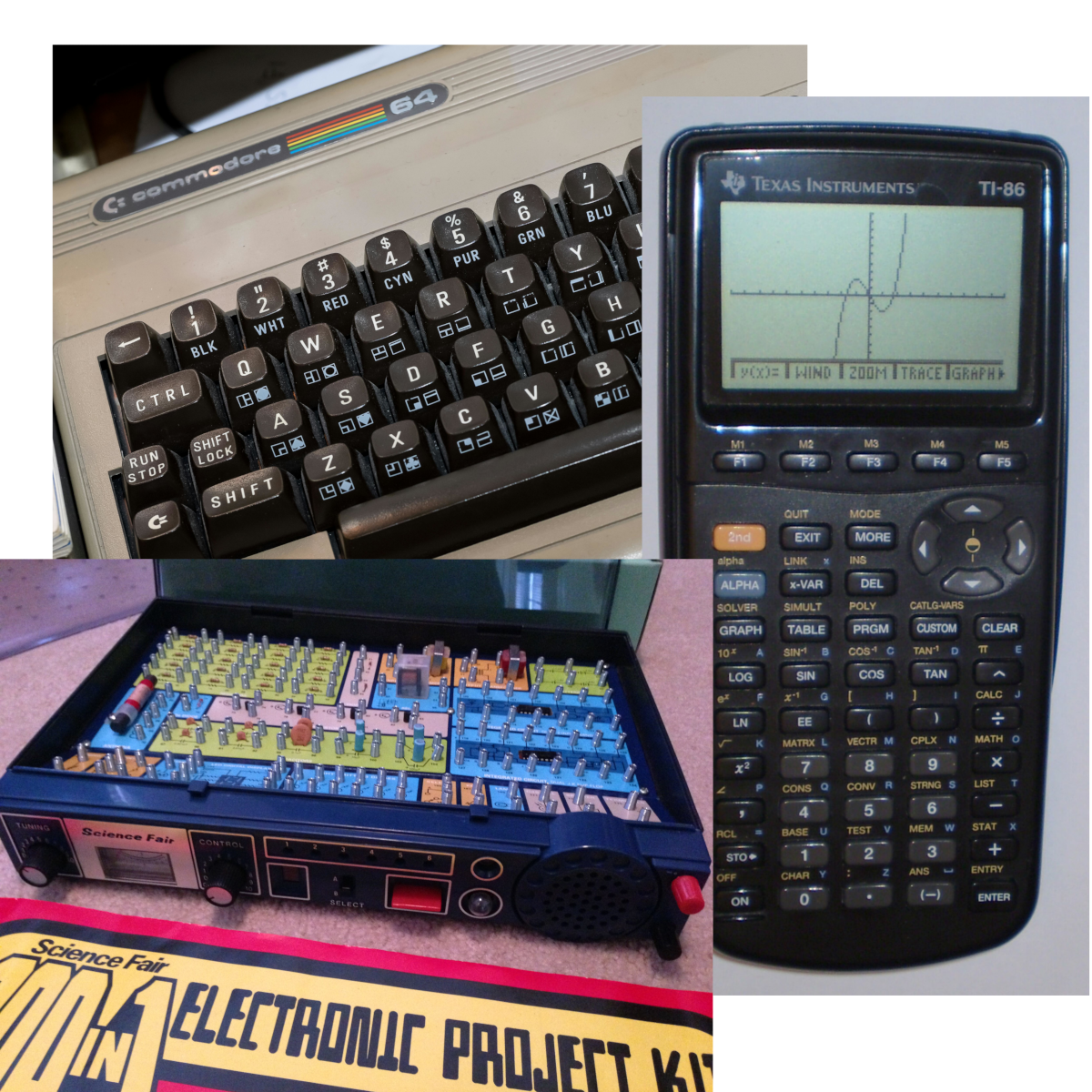 Commodore 64, TI-86 Graphing calculator, and electronics kit