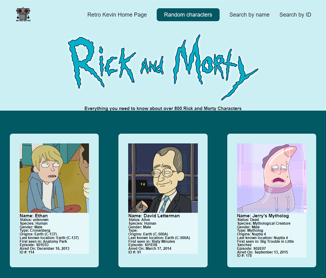 screenshot of the rick and morty api project website