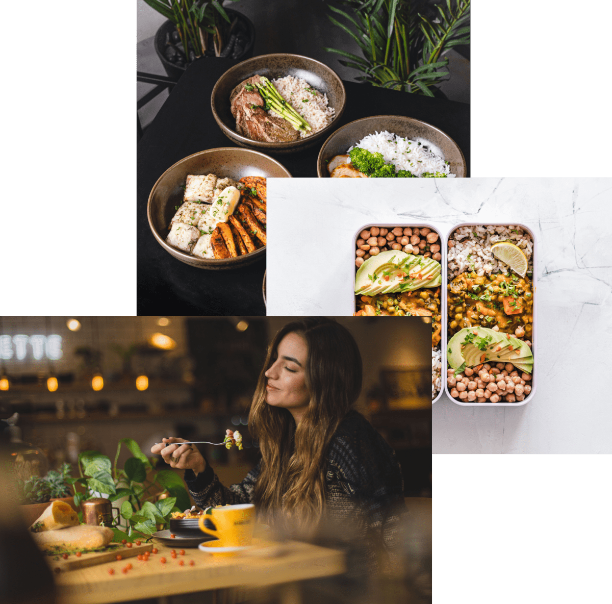 Woman enjoying food, meals in storage container, and food bowls on a talbe